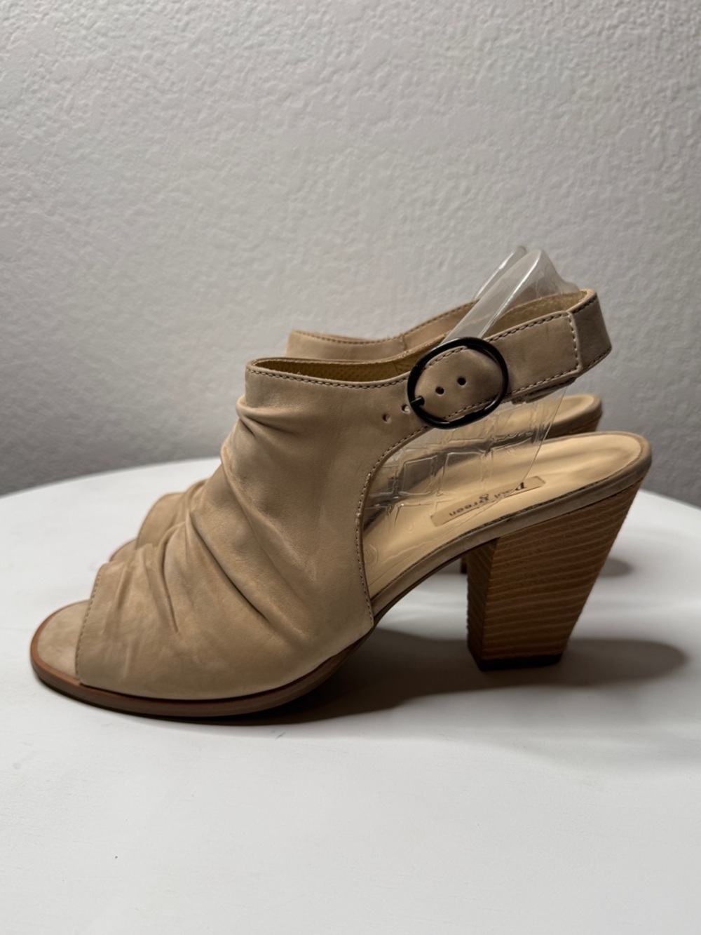 Paul Green Rival Suede Peep Toe Slingback Heels Tan Buckle Soft Leather Size 8
